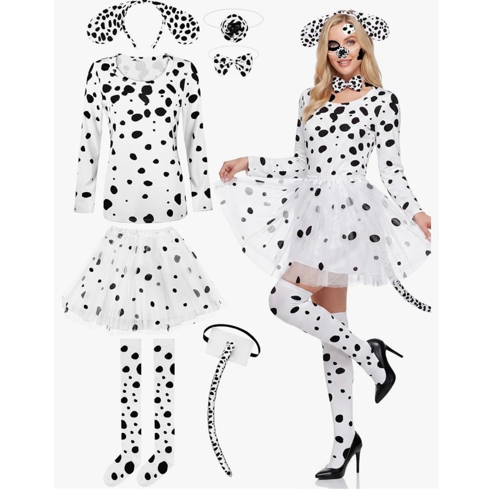 Spotted Dog Dalmatian Costume Women Large Skirt Top Ears Tail Halloween B4